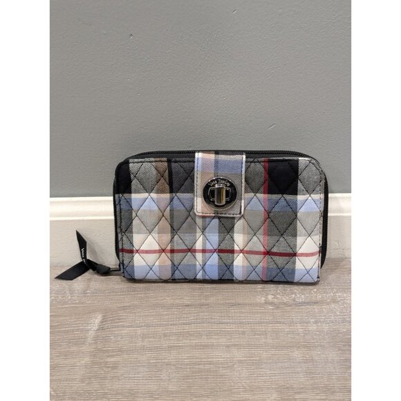 Vera Bradley Women's PERFECTLY PLAID WALLET RFID Zip ID Credit Slots Blue Black - Picture 1 of 16